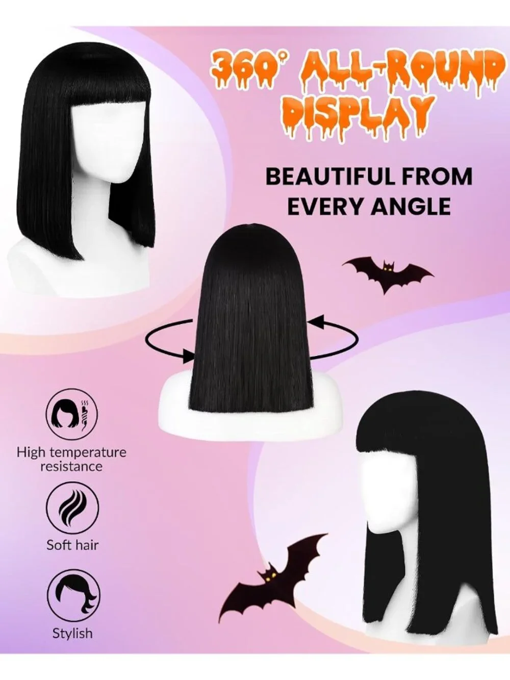 Women's Black Cosplay Convenient Set Include Adjustable Wig Cap Headpiece